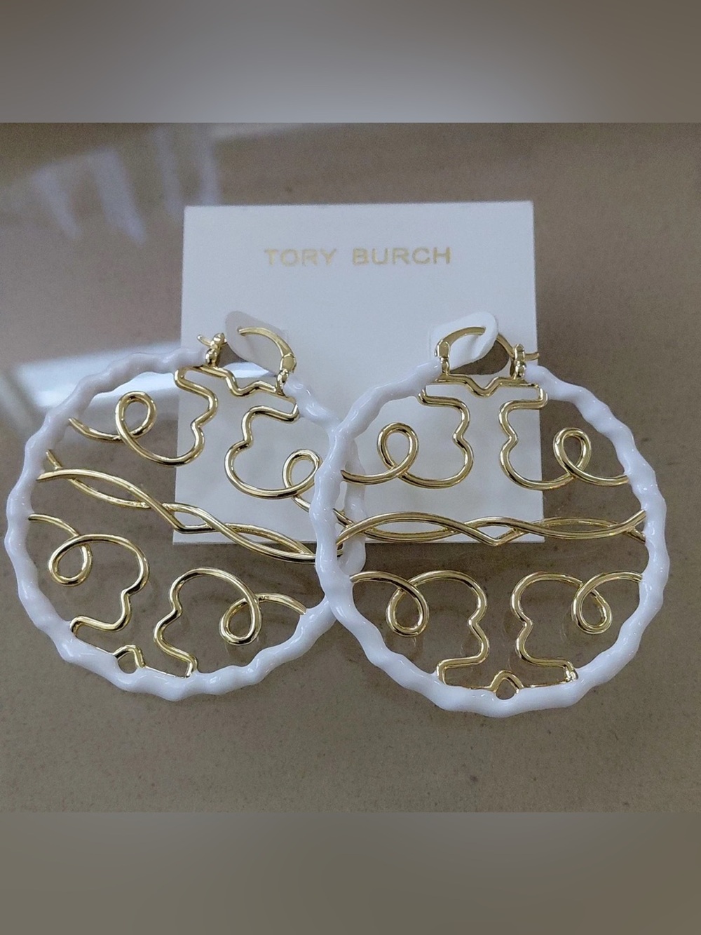 Tory Burch White and Gold Scrolled Hoop Earrings